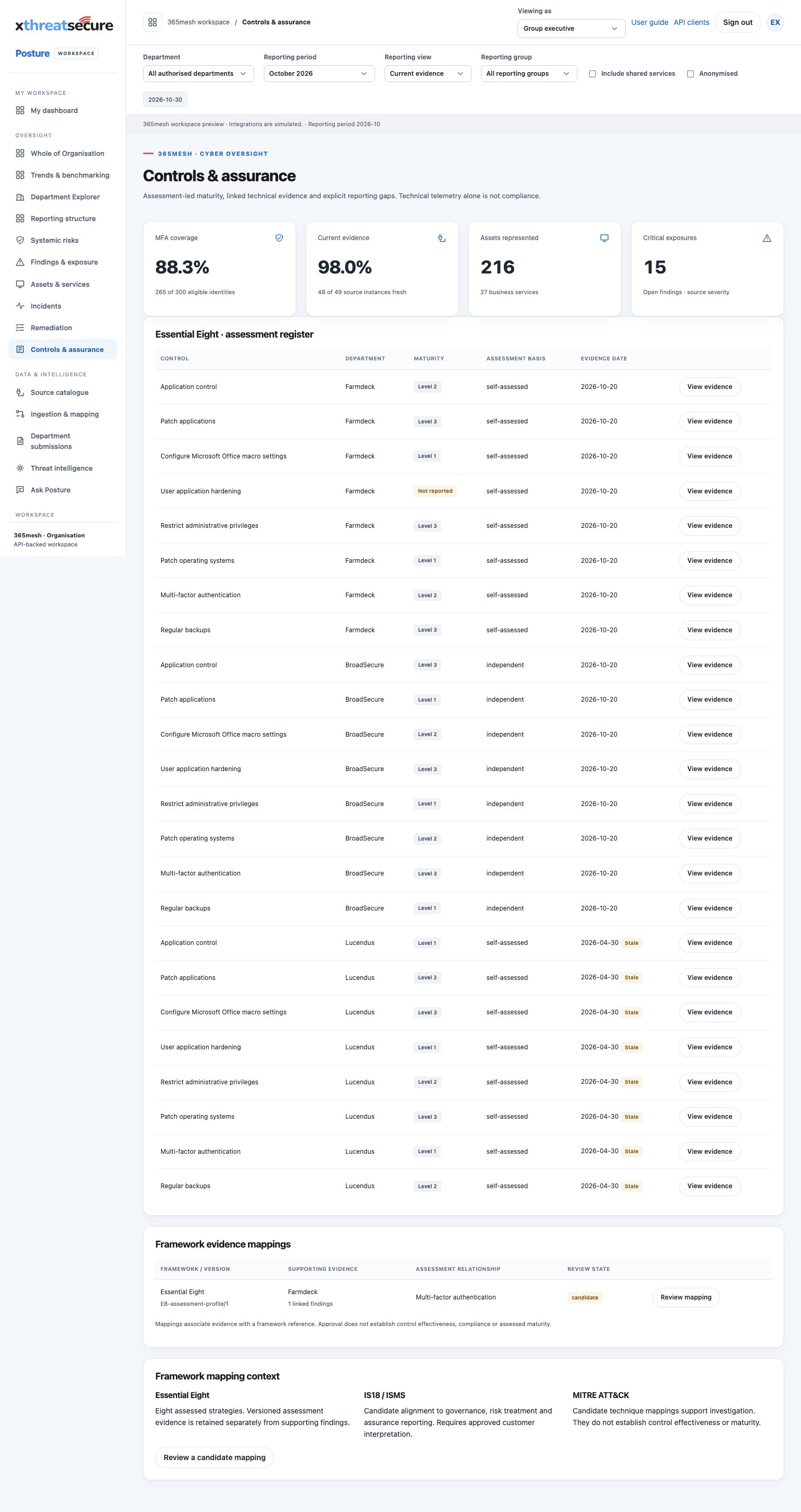 Controls & assurance screen in the XThreatSecure Posture workspace