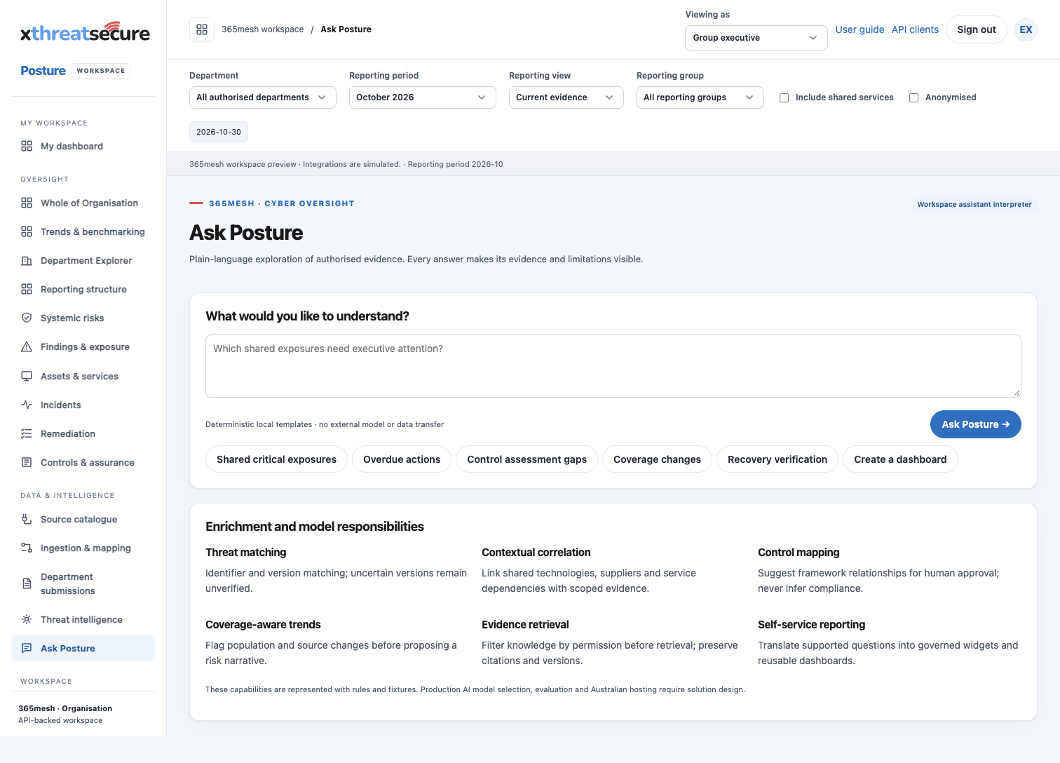 Intelligence & Ask Posture screen in the XThreatSecure Posture workspace